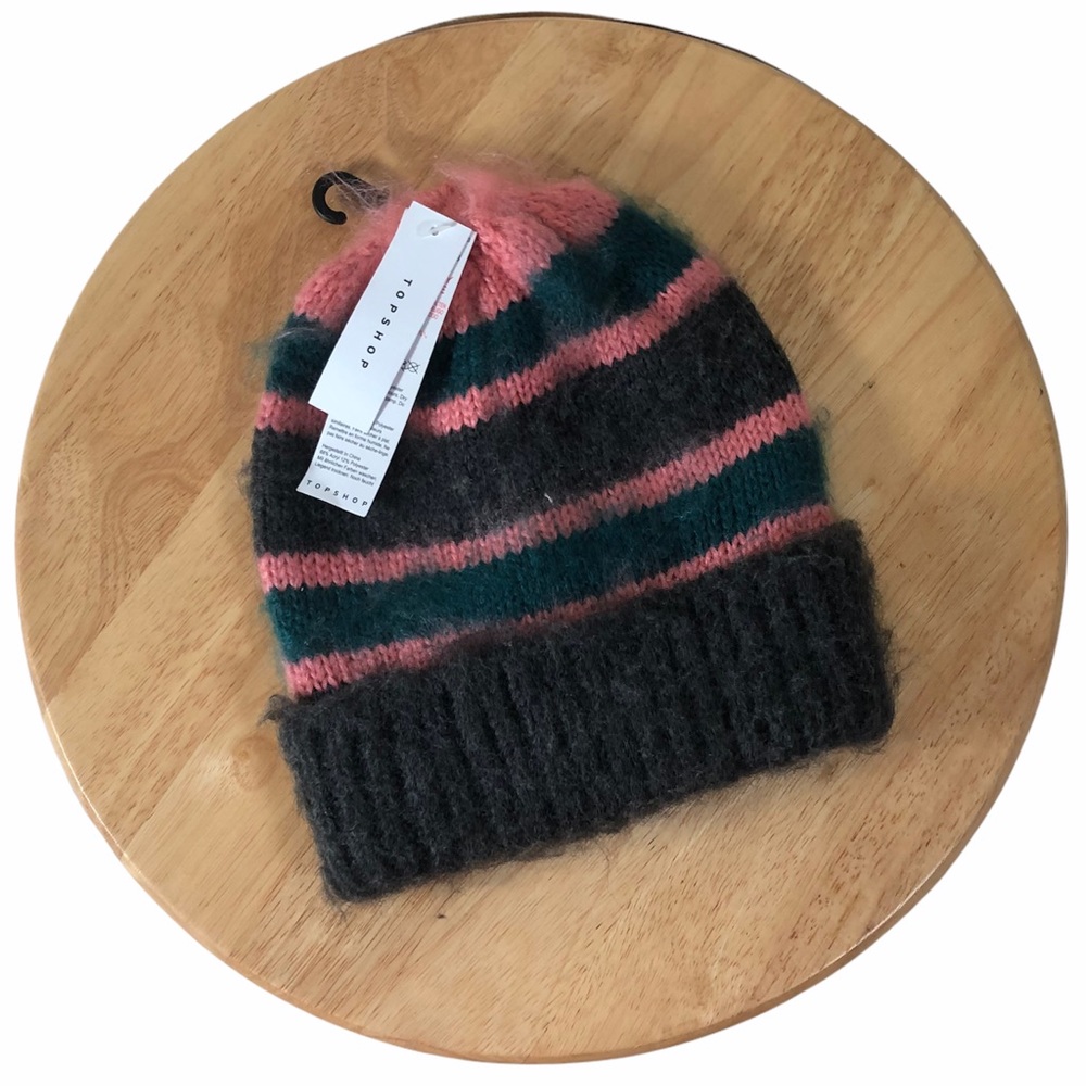 NWT Topshop Fuzzy Striped Beanie Hat Pink Gray New Cap Unisex Soft Warm New